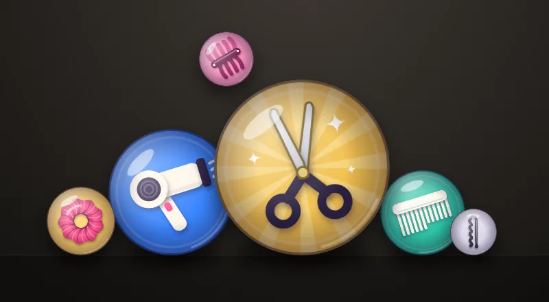 Hairdo Drop's glossy tool tokens: golden shears, a blow dryer, a comb, a scrunchie and a claw clip